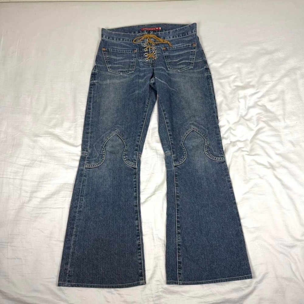 Vintage 90s Guess low rise lace up flared denim jeans with cool design on knees